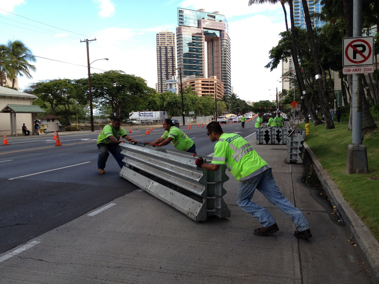 G.P. Roadway Solutions crew positioning a roadway guardrail